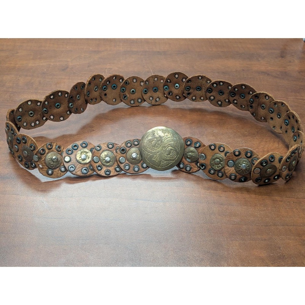 Vtg 70s Moroccan Leather Concho Disc Belt Brass Medallion Boho Hippie 36" S/M